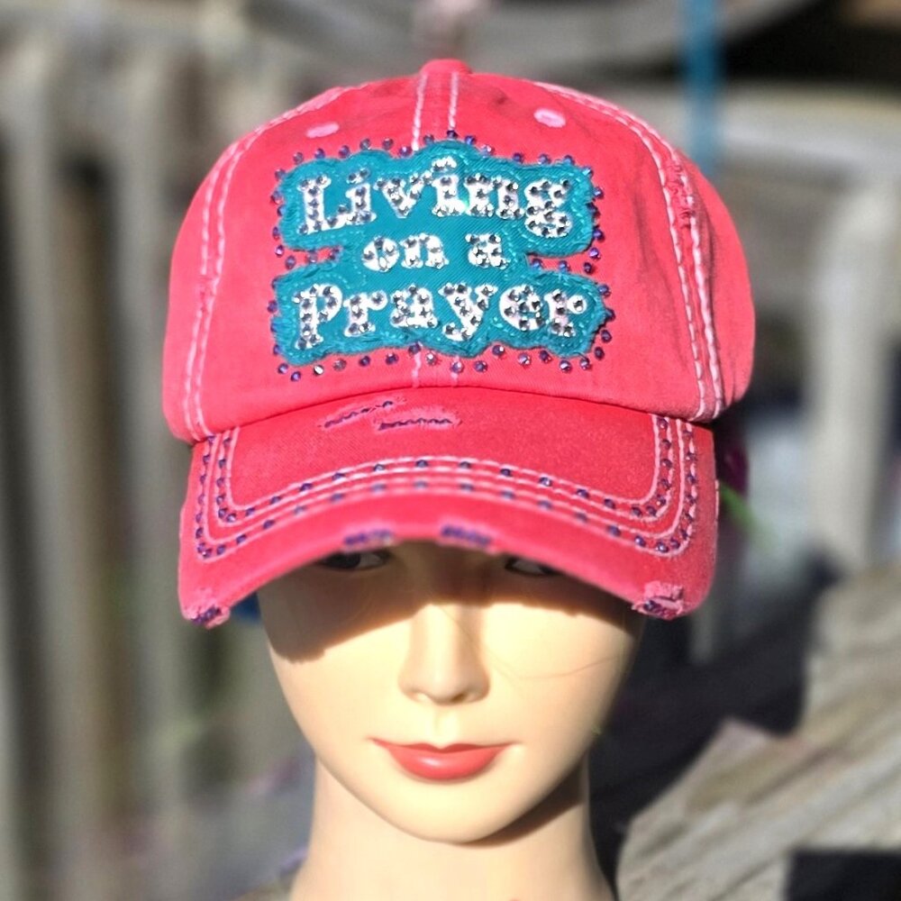 Ladies Pink & Turquoise Living On A Prayer BLING Hat NEW